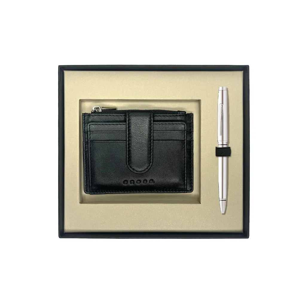 Cross Coventry Polished Chrome Ballpoint Pen With Black Card Holder