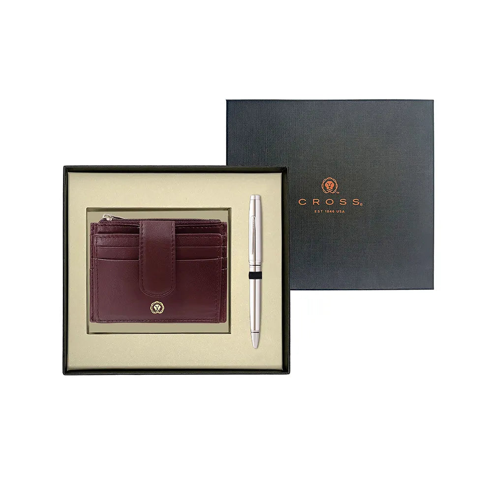 Cross Coventry Polished Chrome Ballpoint Pen With Brown Card Holder