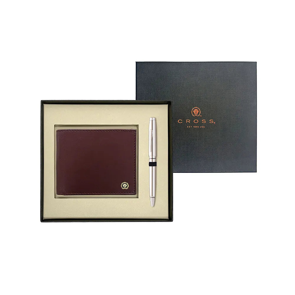 Cross Coventry Polished Chrome Ballpoint Pen With Brown Card Wallet