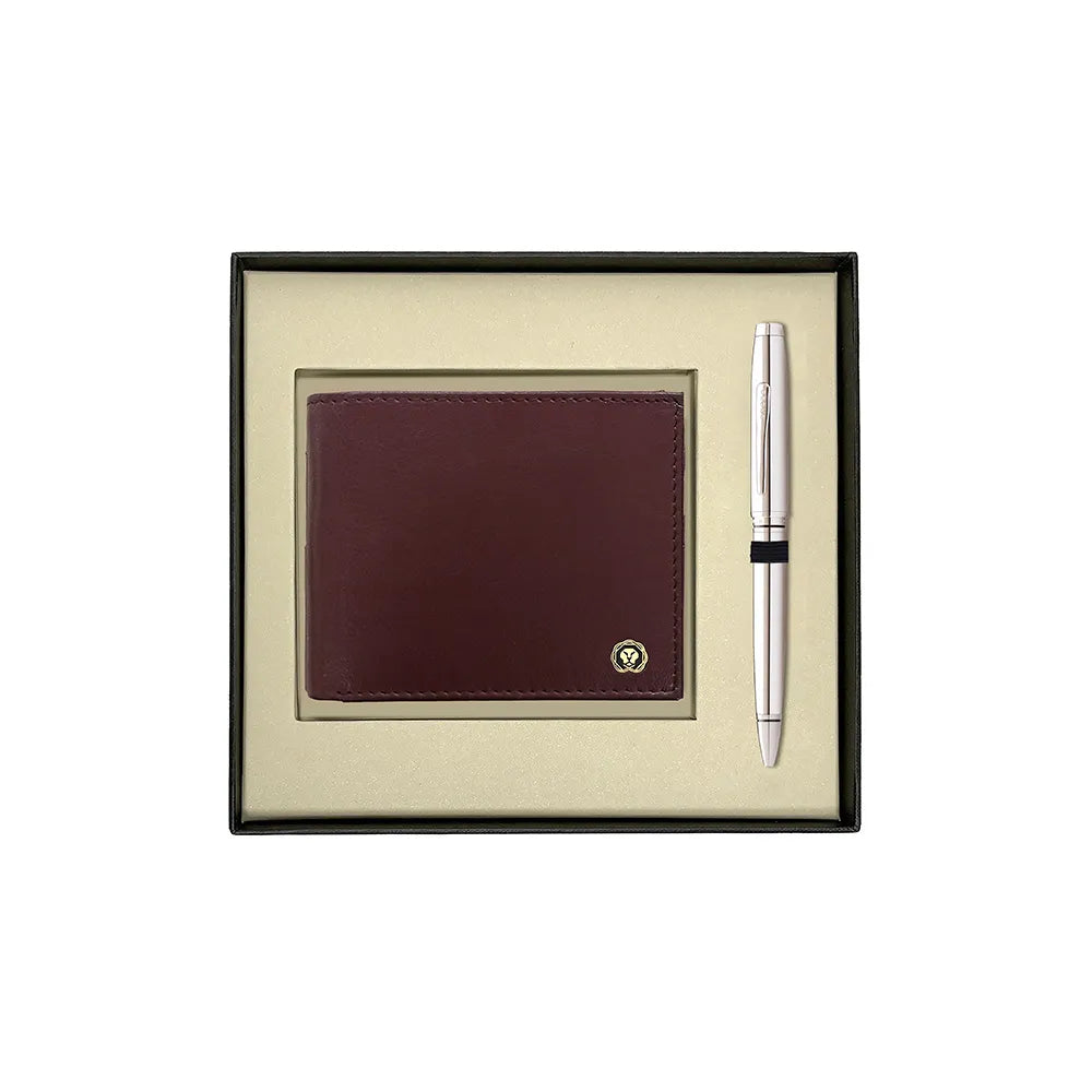 Cross Coventry Polished Chrome Ballpoint Pen With Brown Card Wallet