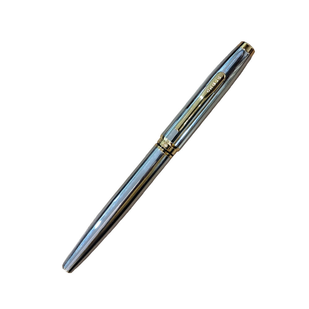 The Coventry roller pen impresses with its strong profile, rich sheen, and polished contrasting appointments. This stylish writing instrument is the perfect gift for those who want to elevate their writing experience every day. Polished Chrome finish  Gold-plated appointments Click-off cap Exclusive gel ink rollerball formula flows freely like a fountain pen Includes one black gel ink rollerball tip (refill #8523) Premium gift box