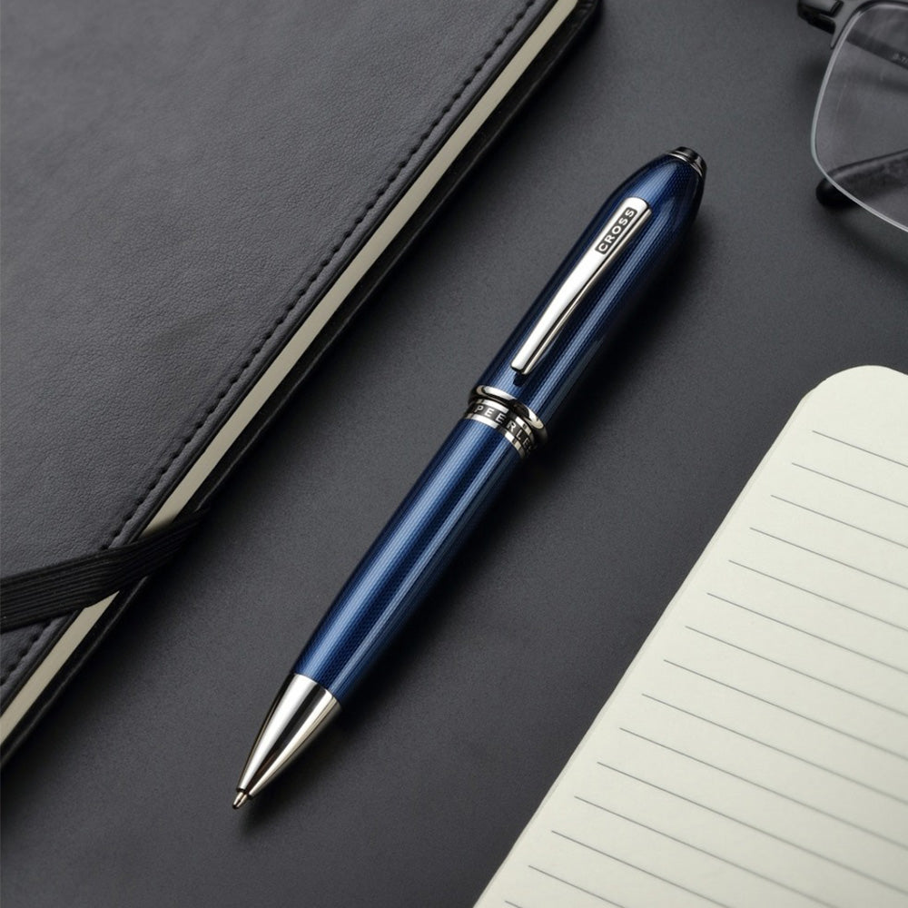 Cross Peerless Polished Translucent Cobalt Blue Engraved Diamond Pattern with Polished Chrome Trim and Swarovski Crystal Ballpoint Pen
