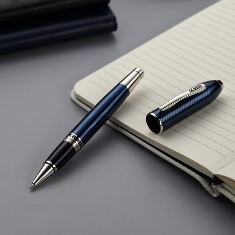 Cross Peerless Polished Translucent Cobalt Blue Engraved Diamond Pattern with Polished Chrome Trim and Swarovski Crystal Rollerball Pen