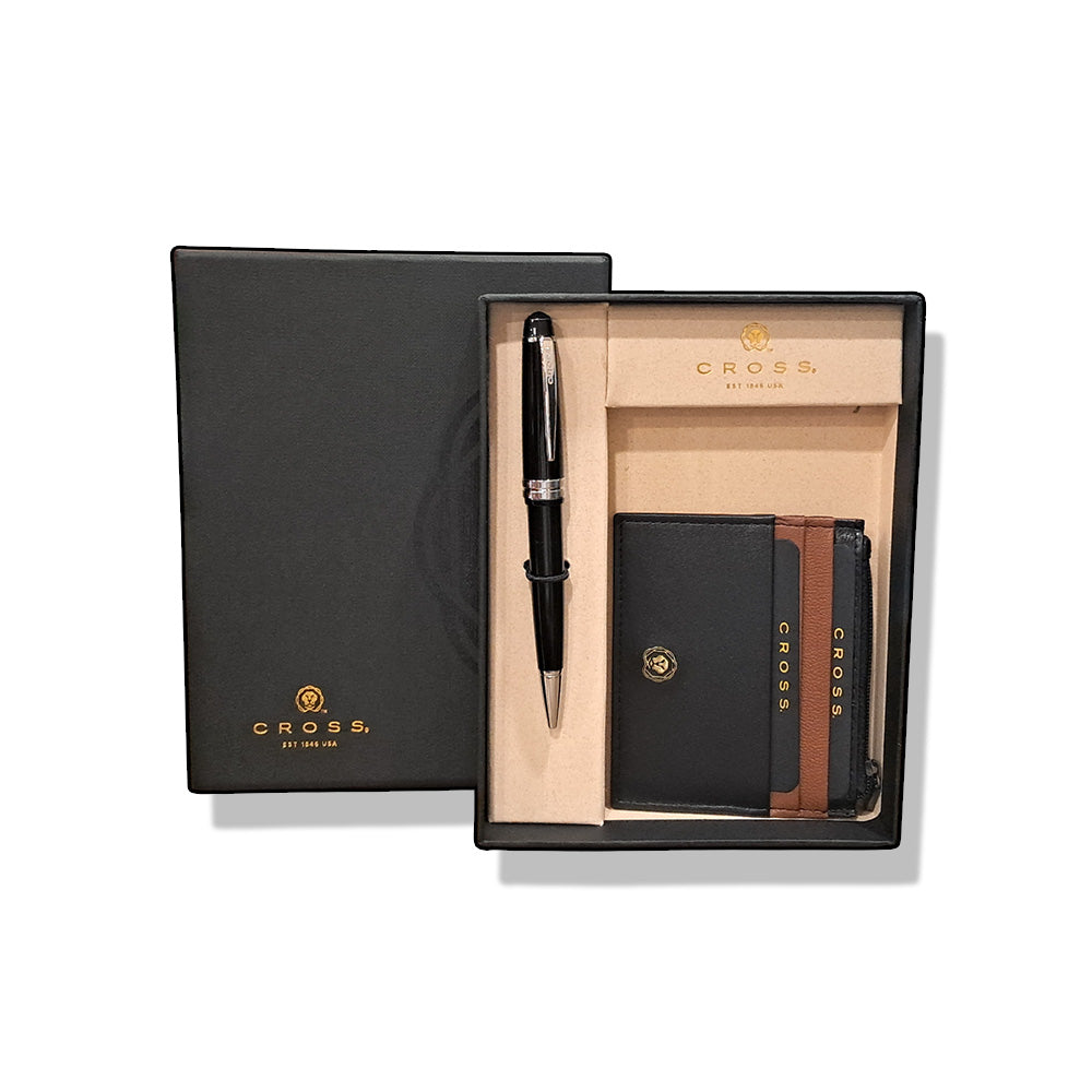 Cross Bailey Light Glossy Black Resin CT Ballpoint Pen With With Zip Card Holder