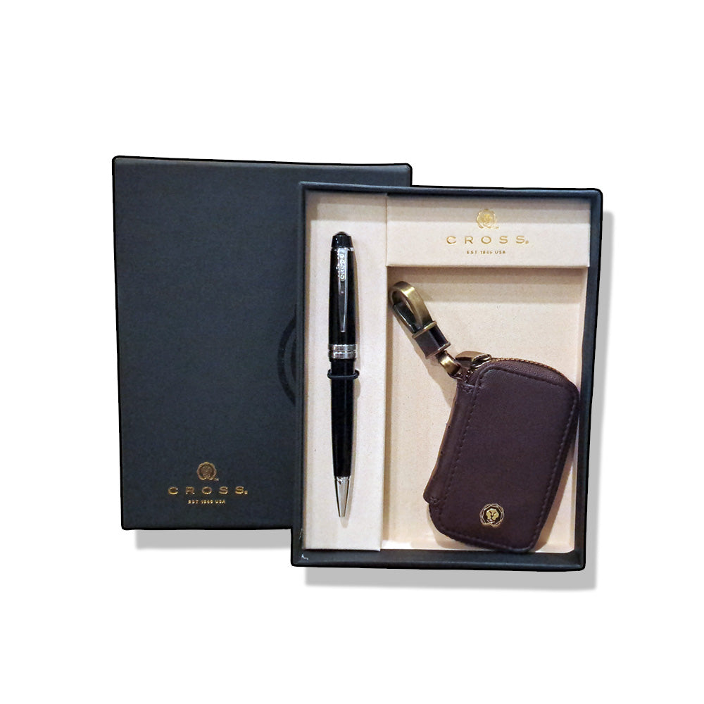 Cross Bailey Light Glossy Black Resin CT Ballpoint Pen With Brown Key Holder