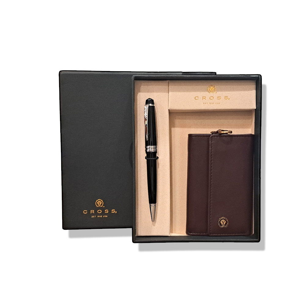 Cross Bailey Light Glossy Black Resin CT Ballpoint Pen With Brown Executive Key Holder