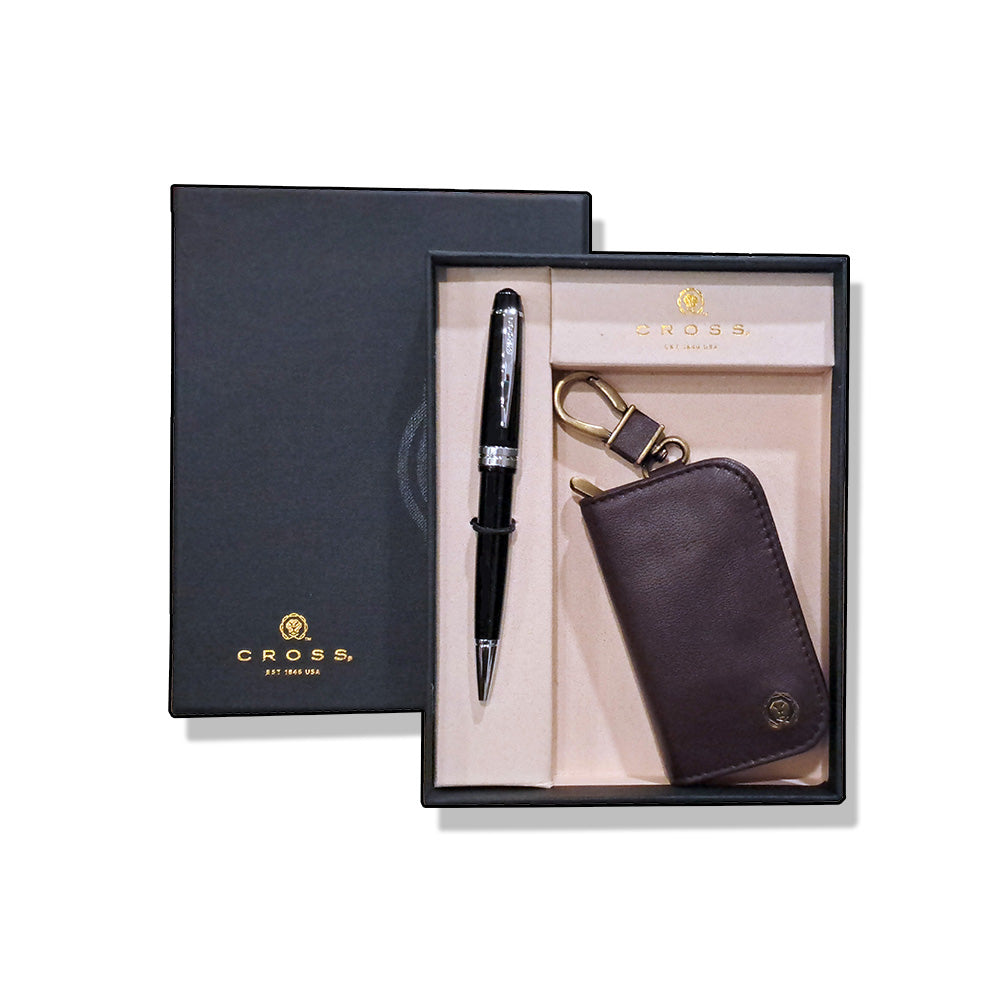 Cross Bailey Light Glossy Black Resin CT Ballpoint Pen With Brown Key Holder
