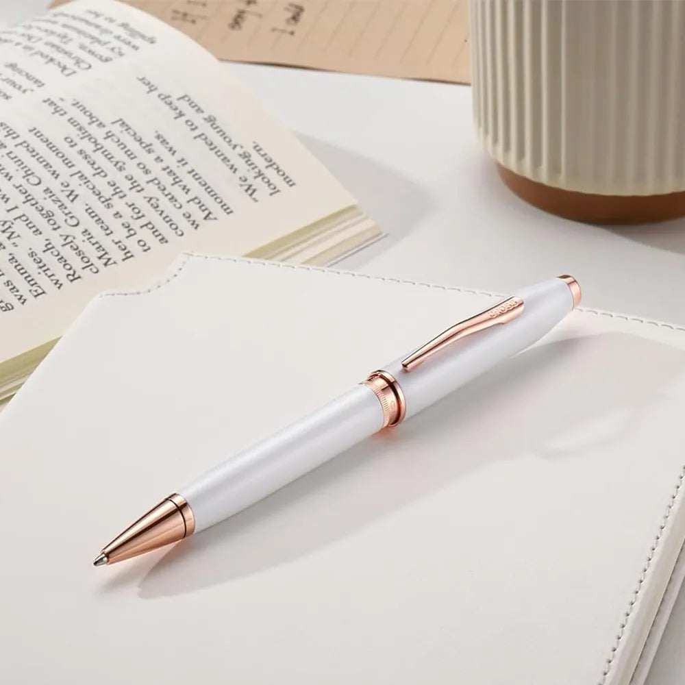 Cross Foundry Pearl White Lacquer with Rose Gold Trim Ballpoint Pen