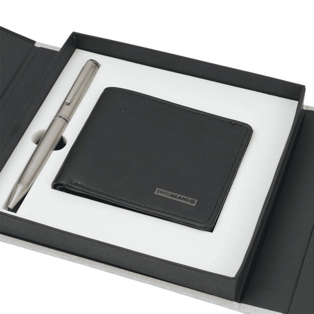 Swissbrand G03-2505-22 Matte Chrome Lacquer CT Ballpoint Pen with Leather Wallet