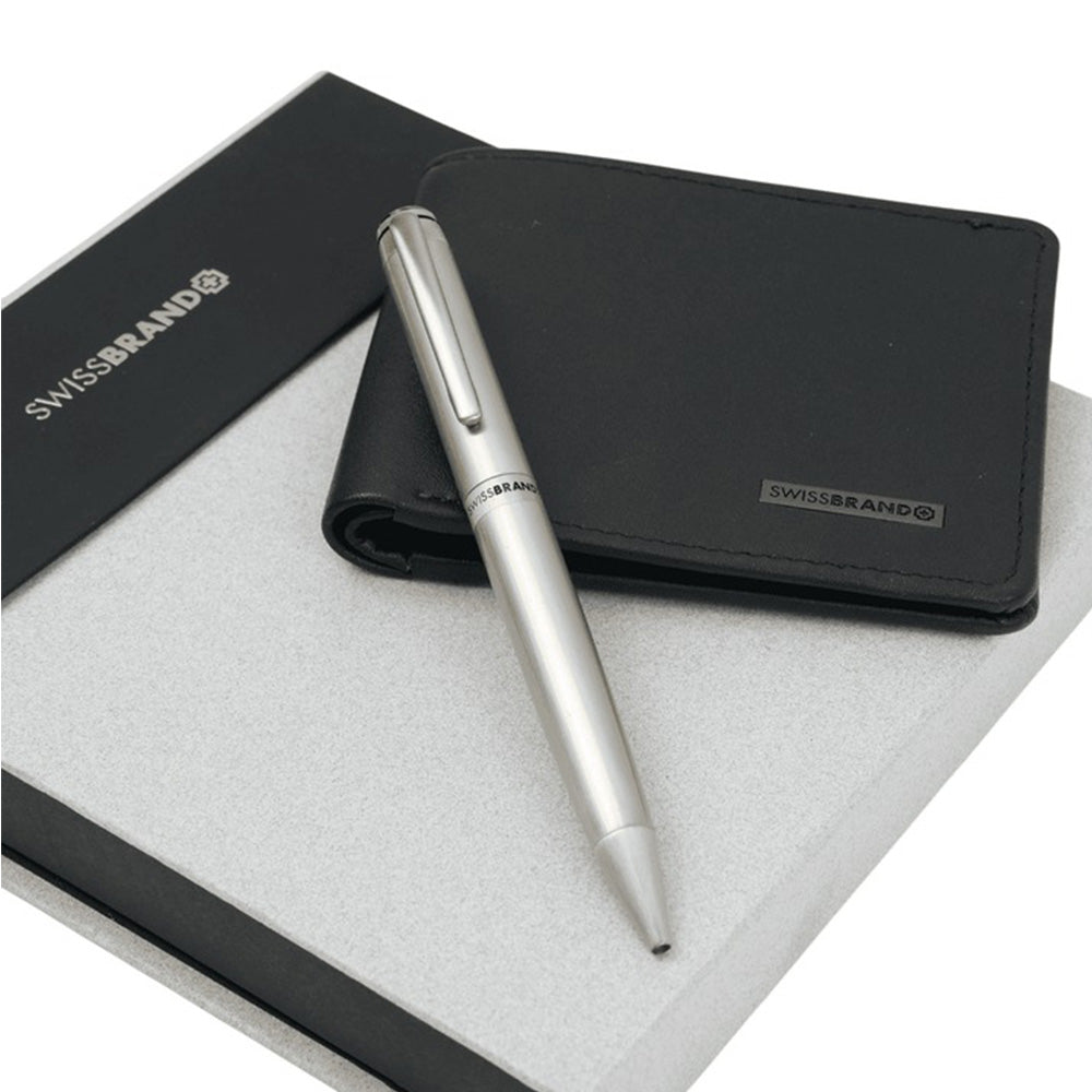 Swissbrand G03-2505-22 Matte Chrome Lacquer CT Ballpoint Pen with Leather Wallet