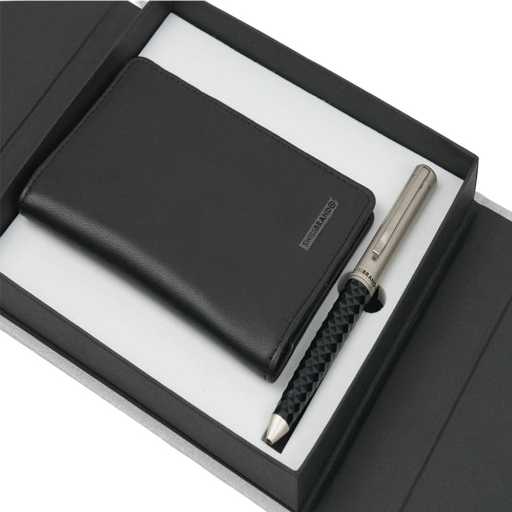 Swissbrand G04-2514-22 Black Composite Diamond-textured Barrel with Matte Chrome Trim Ball Pen with Passport Cover