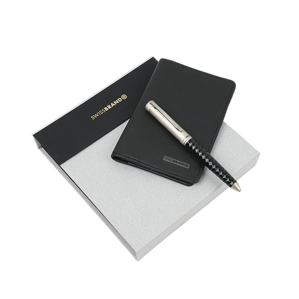Swissbrand G04-2514-22 Black Composite Diamond-textured Barrel with Matte Chrome Trim Ball Pen with Passport Cover