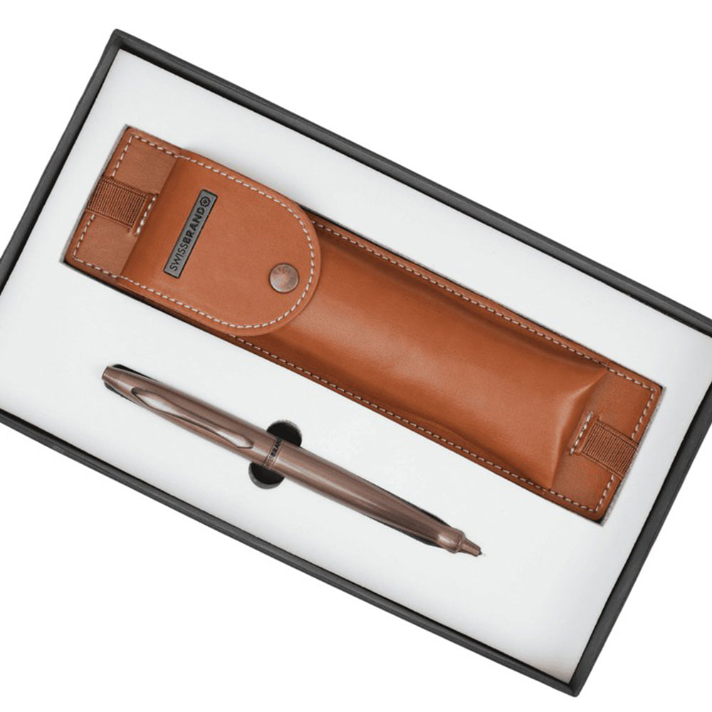 Swissbrand G06-2523-22 Matte Brown Ballpoint Pen with Tan Color Pen Case