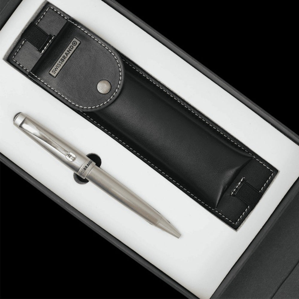 Swissbrand G08-2516-22 Matte Chrome Ballpoint Pen with Black Color Pen Case