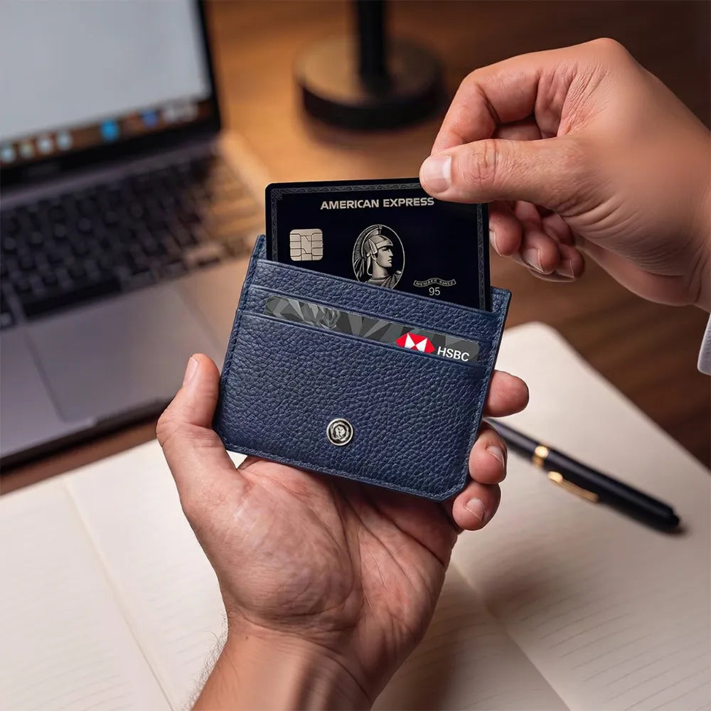 Cross Pebble Leather Card Holder Wallet with 6 Card Slots Slim Card Case - Navy Blue