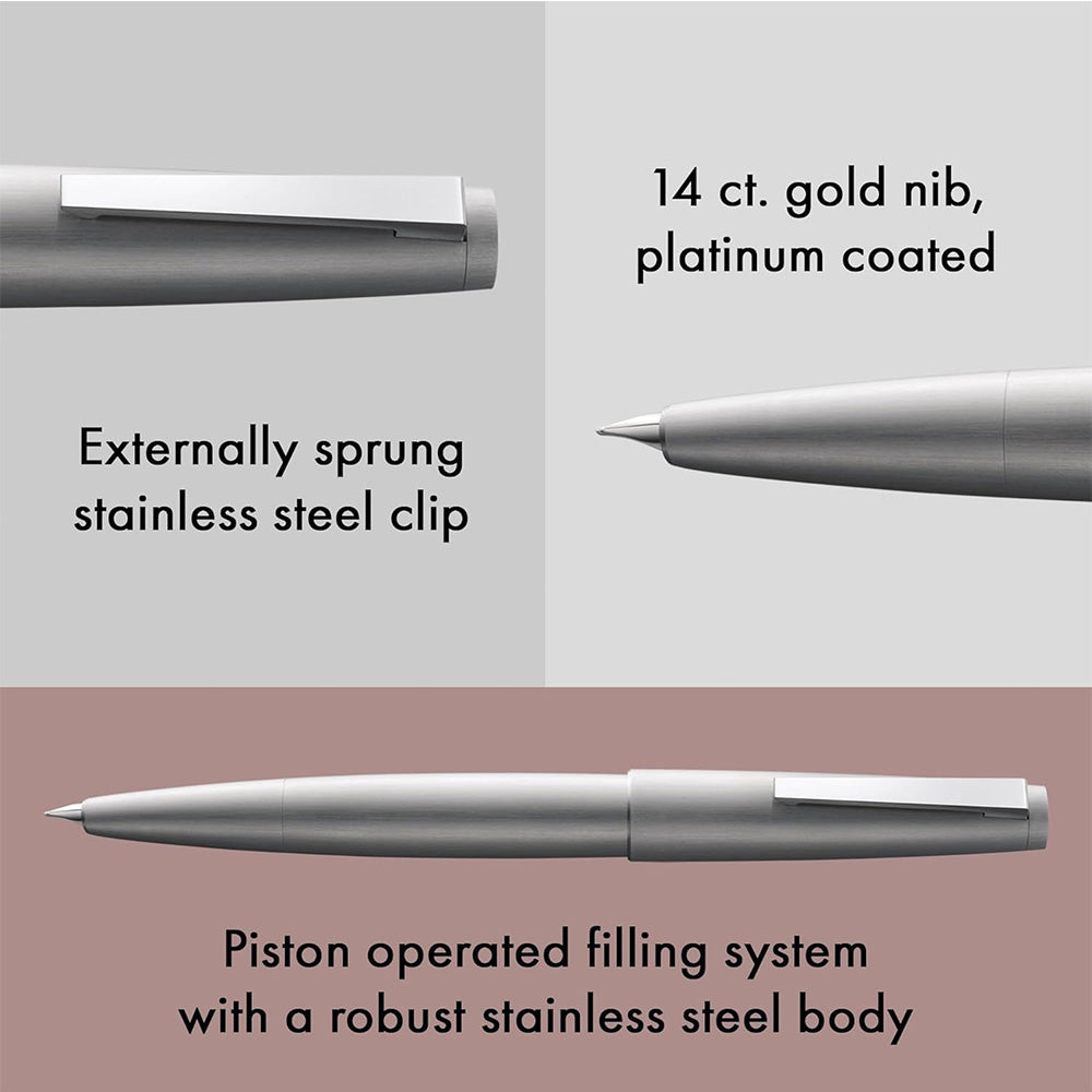 Lamy 2000-002 Matt Brushed Stainless Steel Fountain Pen - 14Kt Gold Medium Nib