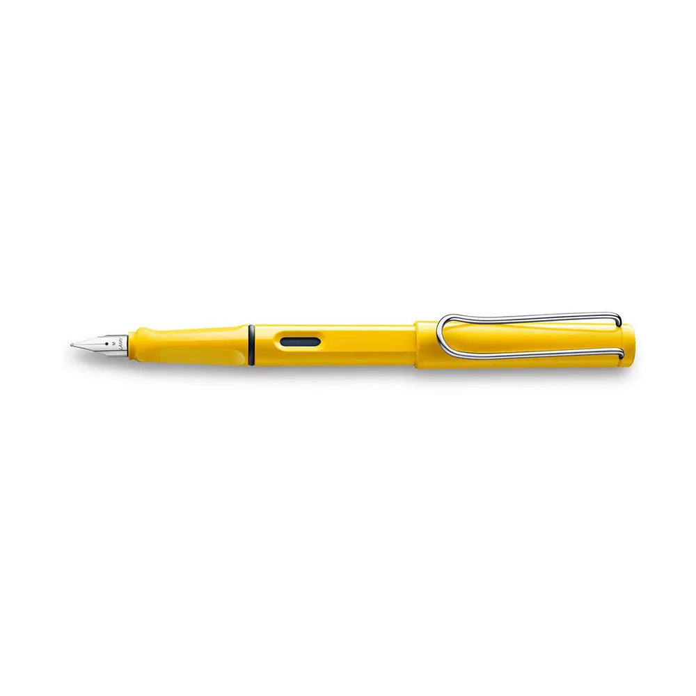 The LAMY safari Many attractive colours, timeless design, perfect ergonomics. These are just some of the reasons that the LAMY safari is one of the most popular writing instruments worldwide. Distinctive recessed grip guarantees writing comfort. Sturdy yellow plastic with metal clip/ ergonomic grip and a black chromium-plated steel nib/ With ink cartridge LAMY T 10 blue/ Can be used with the converter LAMY Z 28. Part No.: 4000217