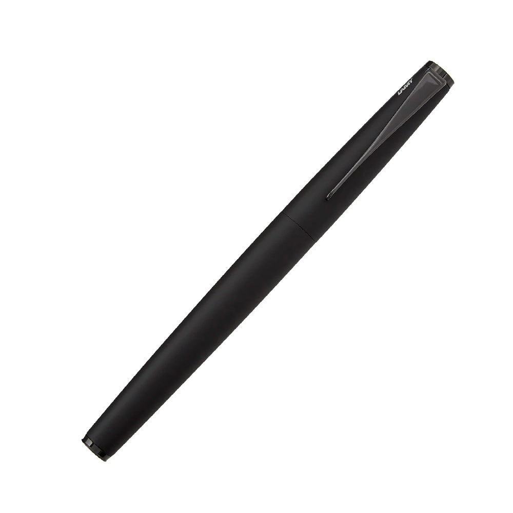 The LAMY Studio Lx All-black is the latest iteration of this elegant pen, this time with fine distinct touches that make this "All-black" pen extraordinarily luxurious -- from the special PVD coatings of metal parts to the distinctive Lx-style nib that provides an exceptionally smooth writing experience.   Matt black lacquer finish with steel propeller-shaped clip with PVD coated, polished steel nib PVD coated. With LAMY T 10 blue ink cartridge; suitable for converter LAMY Z 27.