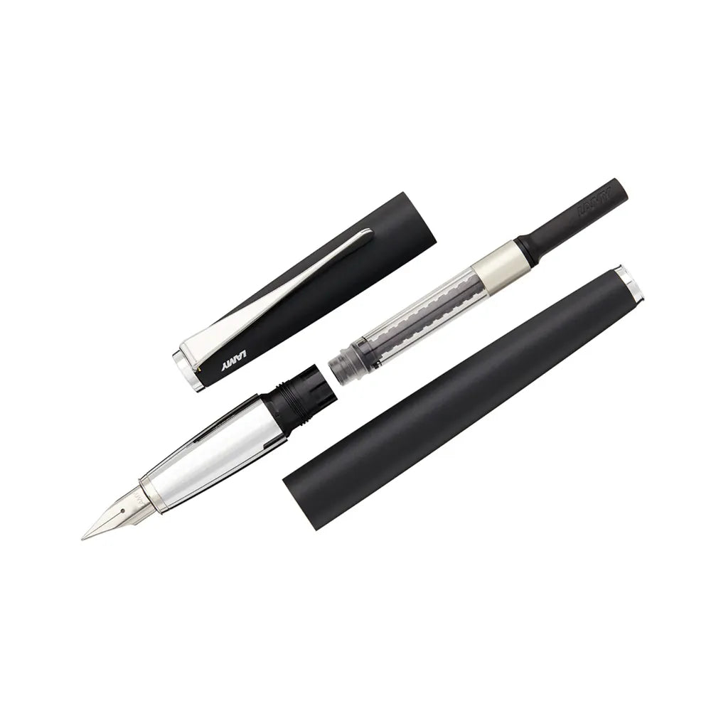 Timeless Perfection. LAMY studio black Fountain pen F The special elegance of the LAMY studio demonstrates just how close design and art can be. The propeller-shaped clip accents the pen’s innovative form. Matt black lacquer finish / steel propeller-shaped clip / steel nib, polished / Lamy T 10 blue ink cartridge; with converter Z 27 Part No.: 4000448