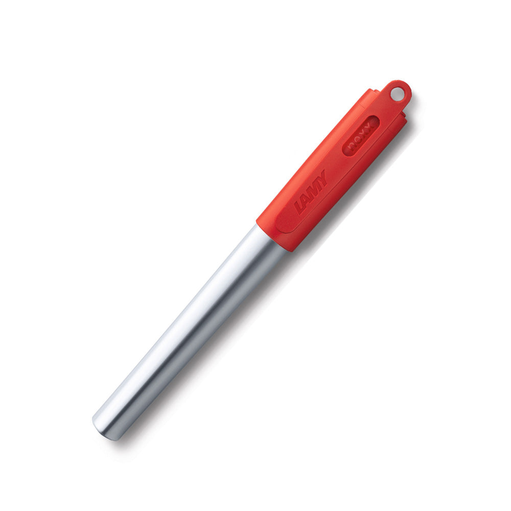 LAMY nexx fountain pen The LAMY nexx fountain pen has a soft non-slip grip which makes for extended fatigue-free writing. Light and exceptionally sturdy aluminum body and plastic cap. Made from aluminum body with Red colour plastic cap Snap Cap with triangular grip section. Material: Aluminum Fountain pen comes with with ink cartridge LAMY T 10 blue / with converter Z 28 Fountain pen comes with a Original brand packaging. Nib : Stainless Steel Medium nib  Brand Origin: Germany