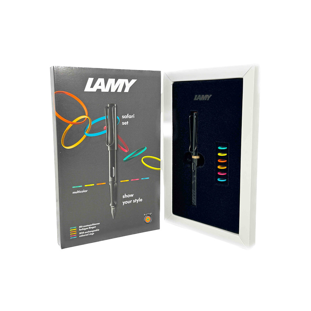 Lamy Safari 0B1 All Black Multicolor Ring Set PVD Fountain Pen (Special Edition) - Extra Fine Nib