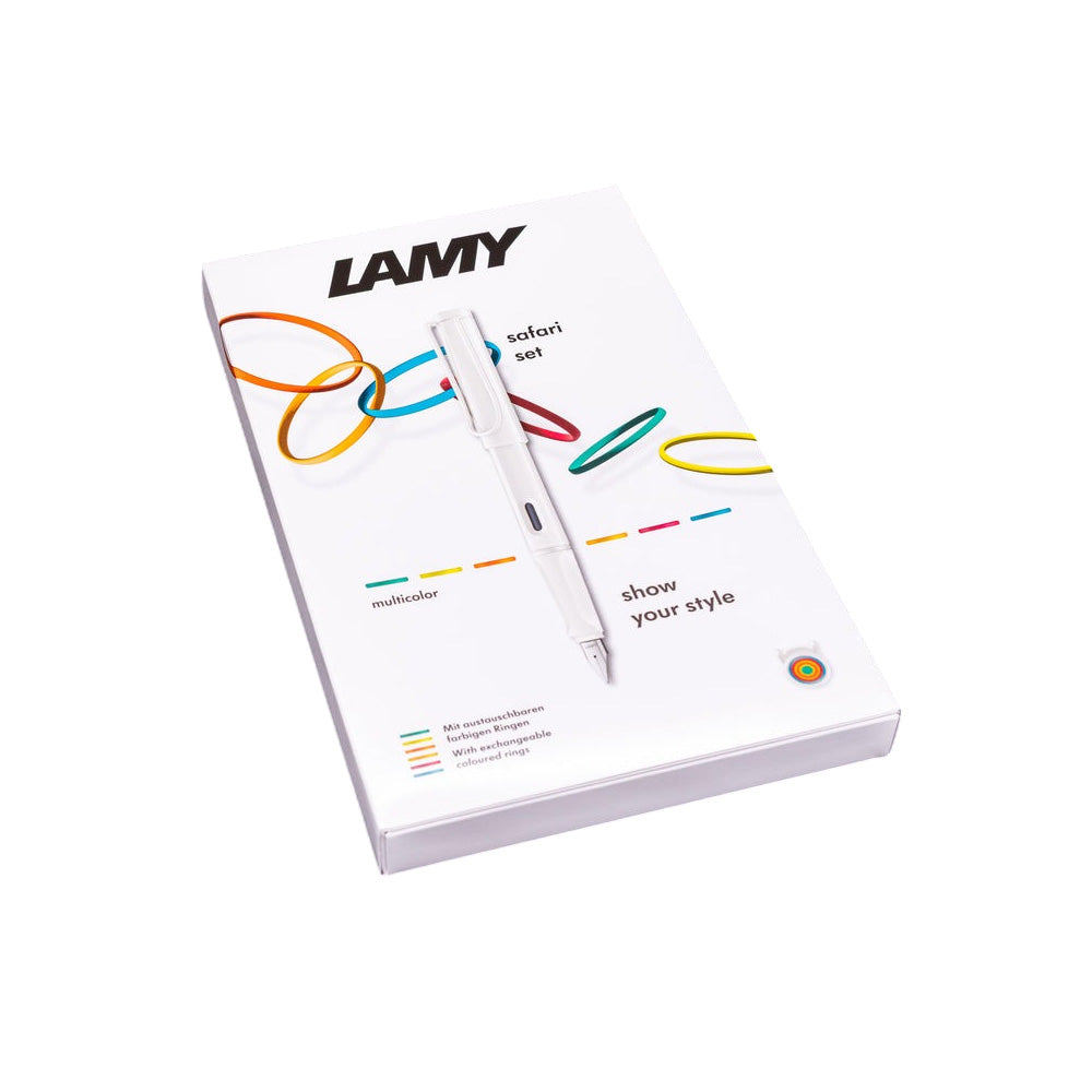 Lamy Safari 0B1 All White Multicolor Ring Set PVD Fountain Pen (Special Edition) - Fine Nib