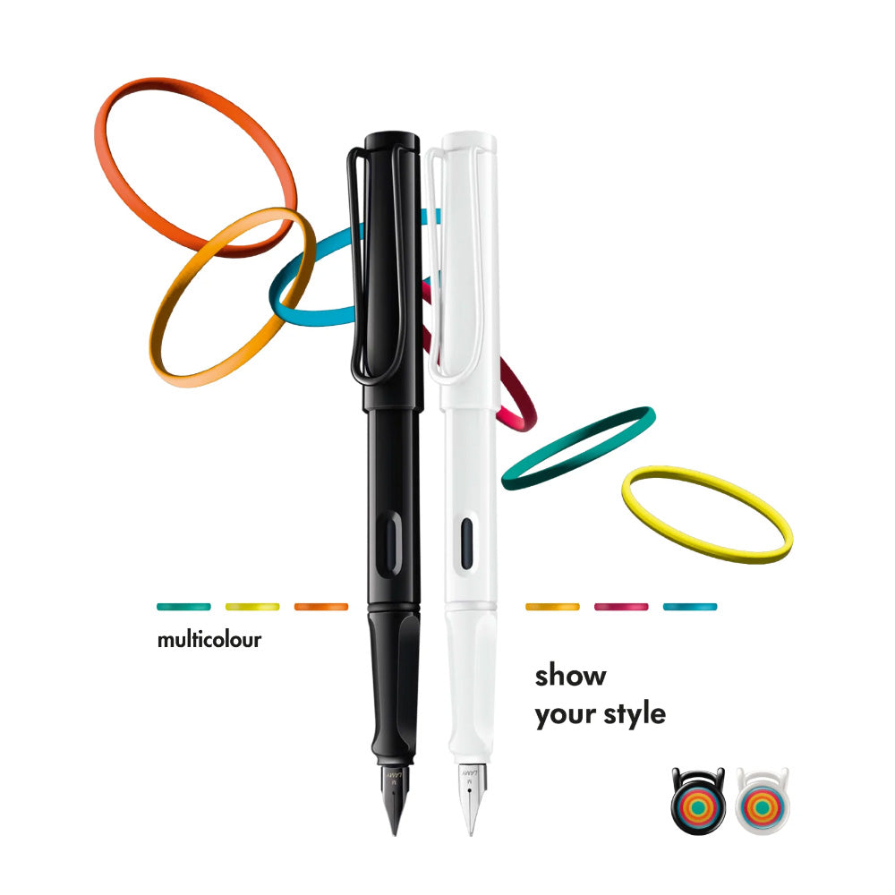 Lamy Safari 0B1 All White Multicolor Ring Set PVD Fountain Pen (Special Edition) - Extra Fine Nib