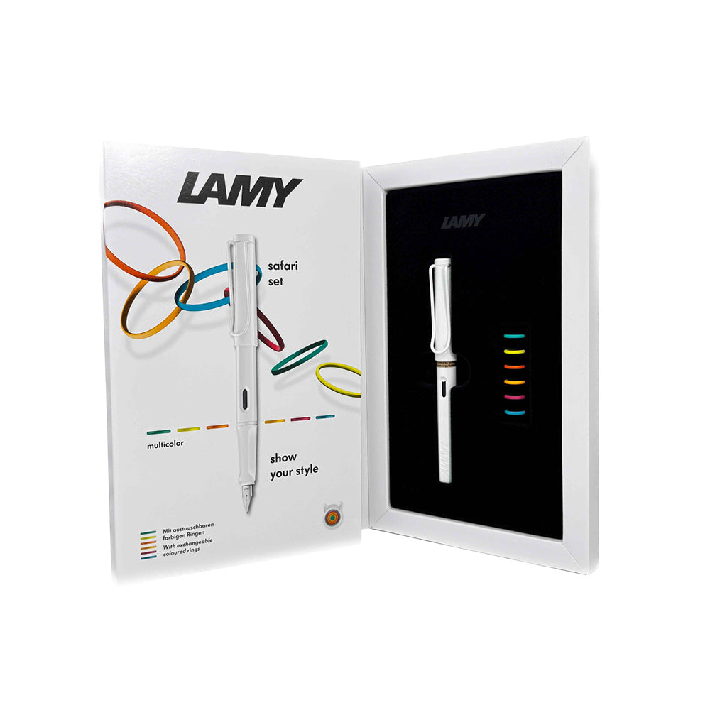 Lamy Safari 0B1 All White Multicolor Ring Set PVD Fountain Pen (Special Edition) - Fine Nib