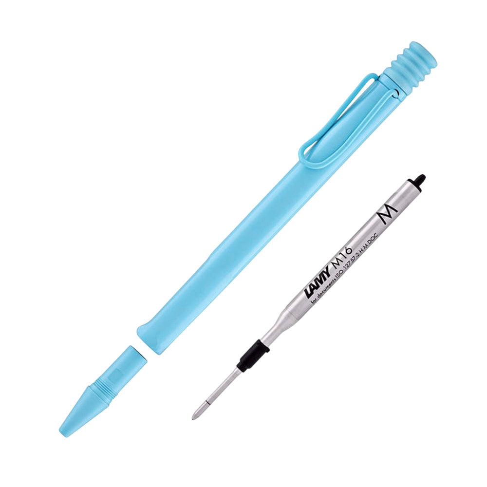 Write different. LAMY safari aqua sky Ballpoint pen Many attractive colours, timeless design, perfect ergonomics. These are just some of the reasons that the LAMY safari is one of the most popular writing instruments worldwide. Distinctive recessed grip guarantees writing comfort. Sturdy plastic, shiny blue /metal clip / ergonomic grip / with giant refill LAMY M16 M blue Part No. 4037201