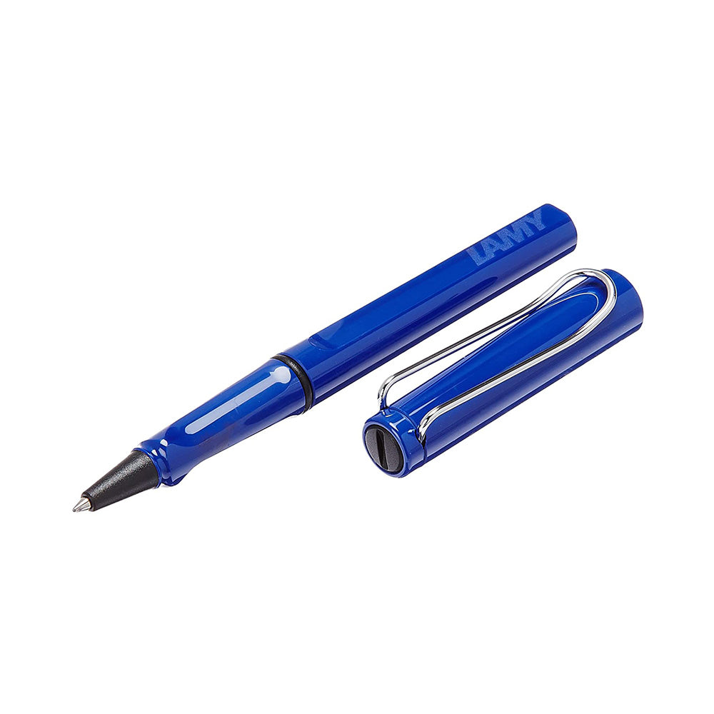 LAMY safari blue rollerball pen Many attractive colours, timeless design, perfect ergonomics. These are just some of the reasons that the LAMY safari is one of the most popular writing instruments worldwide. Distinctive recessed grip guarantees writing comfort. Sturdy blue plastic with metal clip, ergonomic grip and with refill LAMY M 63 M blue, washable. Sturdy plastic, shiny blue / metal clip / ergonomic grip / with LAMY rollerball refill M63 black, washable