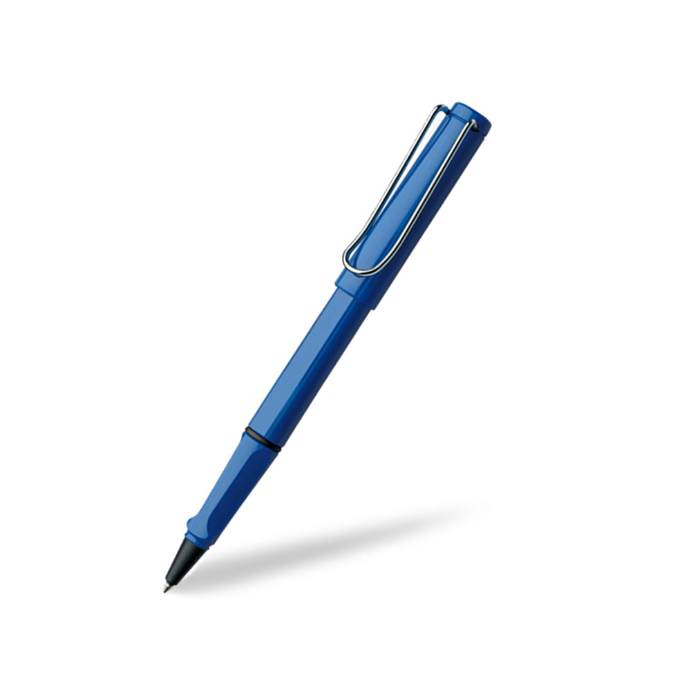 LAMY safari blue rollerball pen Many attractive colours, timeless design, perfect ergonomics. These are just some of the reasons that the LAMY safari is one of the most popular writing instruments worldwide. Distinctive recessed grip guarantees writing comfort. Sturdy blue plastic with metal clip, ergonomic grip and with refill LAMY M 63 M blue, washable. Sturdy plastic, shiny blue / metal clip / ergonomic grip / with LAMY rollerball refill M63 black, washable
