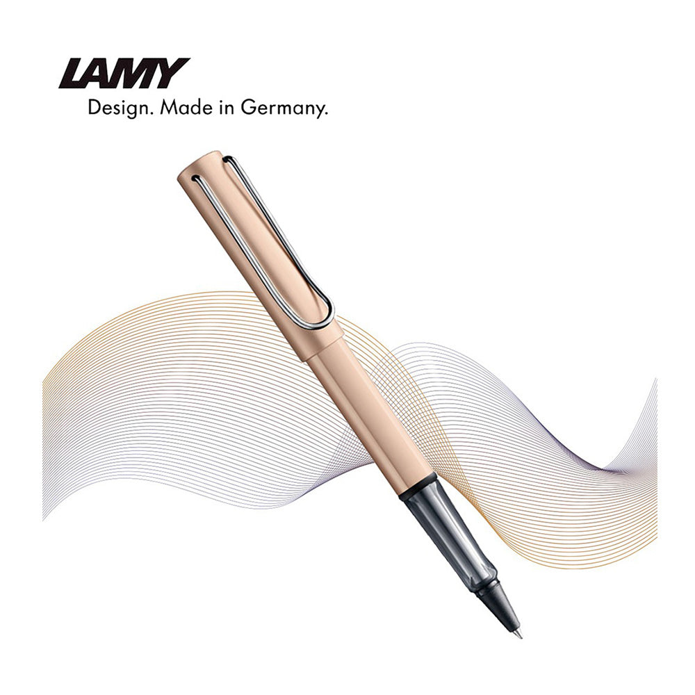 The Lamy AL-star The LAMY AL-star is the attractive, young writing instrument which satisfies even the highest requirements. Made of feather-light robust aluminum, anodised in various colours. With?distinctive transparent grip and spring-action metal clip. Aluminum, shiny?cosmic metallic anodized, metal clip, ergonomic plastic grip, with refill LAMY M 63 M black.