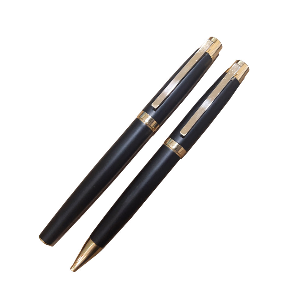 Premec Set Matte Black Gold with Gold Trim Rollerball & Ballpoint Pen