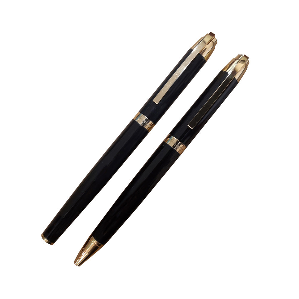 Premec Set Glossy Black Gold Trim with Gold Plated Ring-Cap Rollerball & Ball Pen