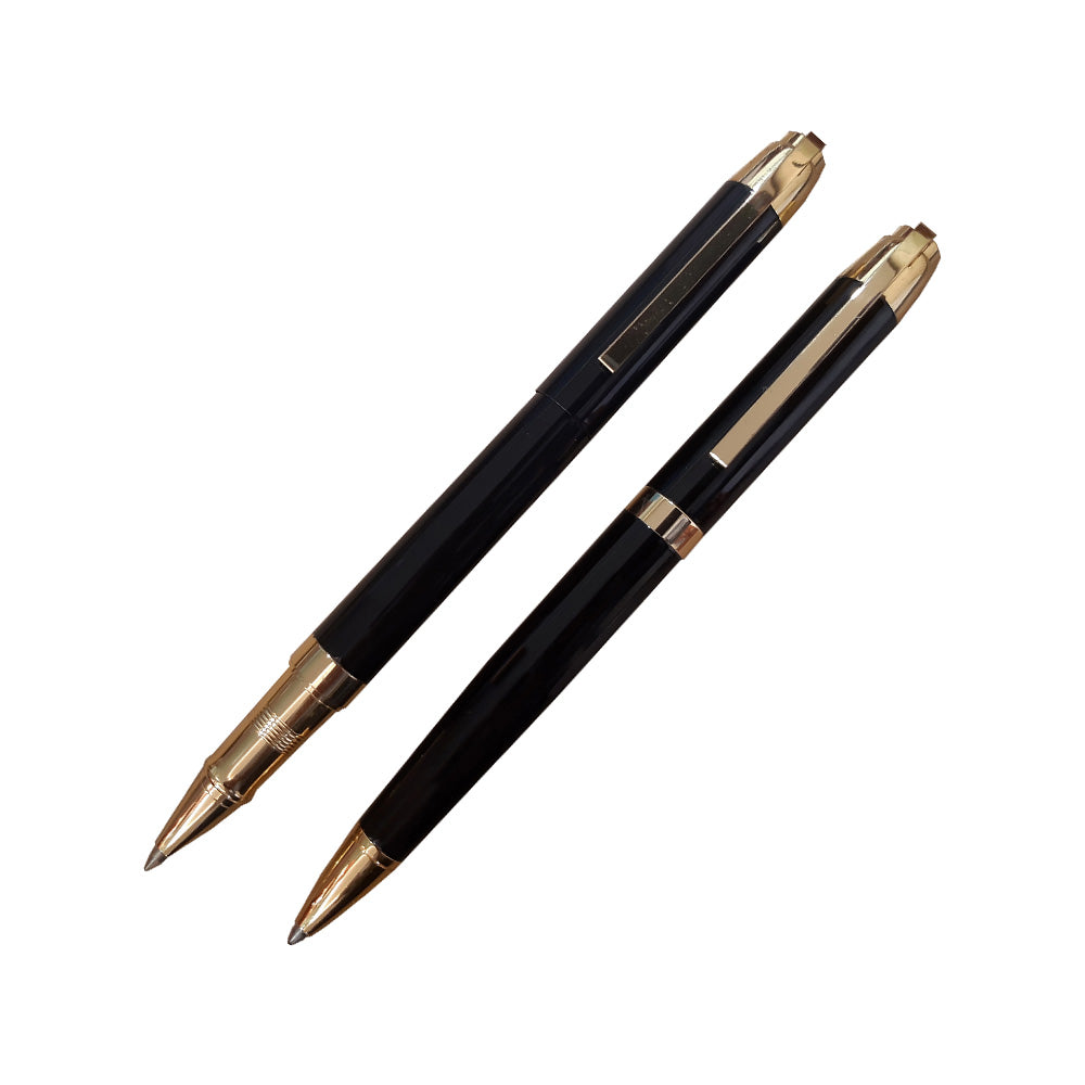 Premec Set Glossy Black Gold Trim with Gold Plated Ring-Cap Rollerball & Ball Pen