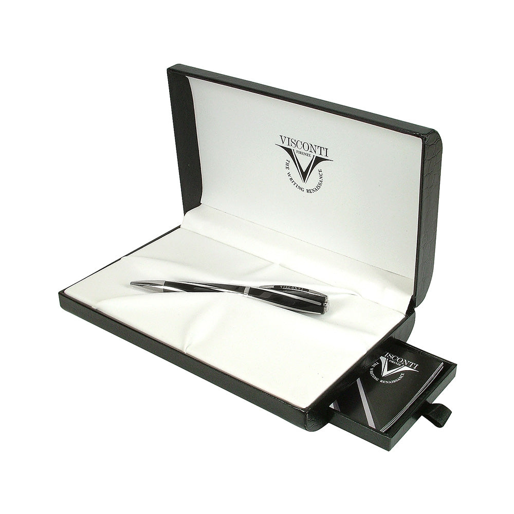 Part of the uniqueness of the Divina Elegance pen comes from its long and meticulous creation process. The Divina Elegance ballpoint pen is adorned with the classic Visconti arched clip and closes with a twist mechanism. The silver inlays are inserted manually one by one while the metal finishes are made of palladium. Colour: Black Material: Acrylic resin Metal fittings: inlaid with silver Ag925 Filling: Refill A38 Closure type: "twist" mechanism Country of Origin : Italy 