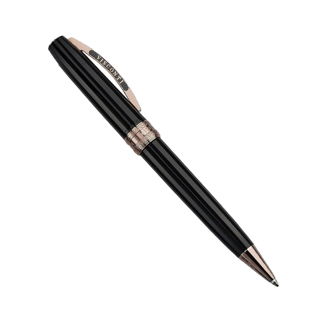The Michelangelo pens multi-faceted 18 sides provides light catching elegance. Made from natural resin, this pen is available in black with rose gold trim or dark blue with silver trim. The pen cap uses a simple magnetic closure and features a metal ring finely engraved with a Renaissance frieze pattern. Colour: Black Acrylic resin Trims: Rose-Gold  Material: Acrylic Resin Filling: Refill A48 Closure type: “twist” mechanism Country of Origin : Italy