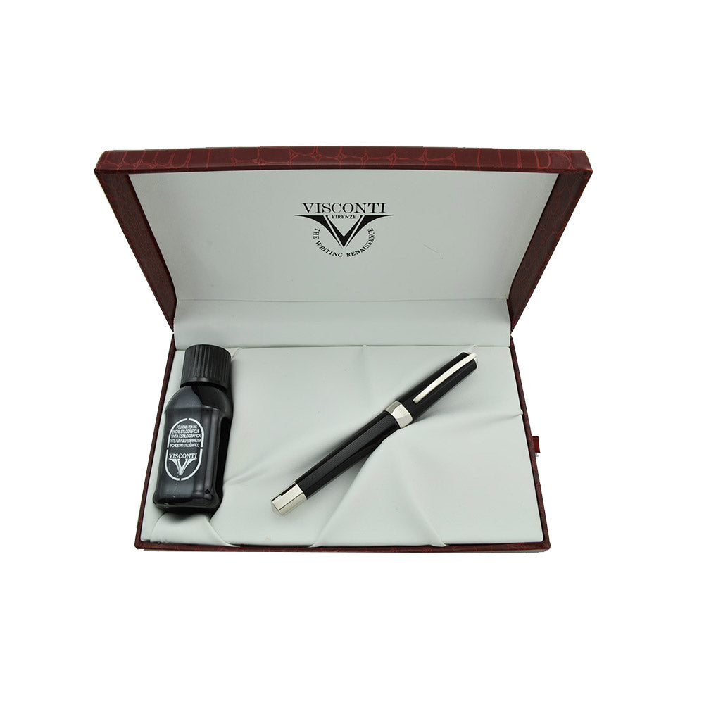 Visconti Opera Guilloche Black Acrylic Resin with Rhodium-Plated Trim Fountain Pen - 14Kt Rhodium-Plated Gold Broad Nib