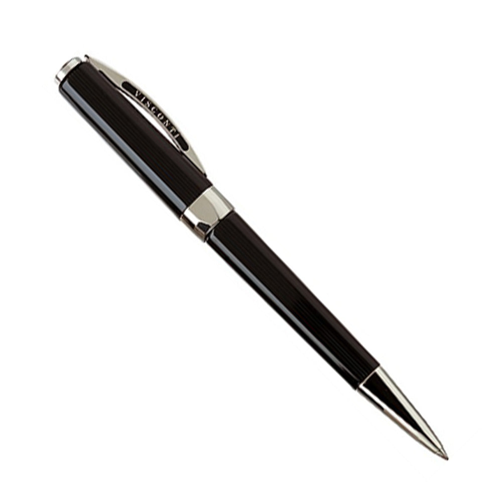 The Opera pen presents Visconti's design strategy of "Squaring the Circle". It is the most simple pen of this collection by featuring black guilloche resin with platinum trim. Its rich black acrylic body is engraved with sleek guilloche lines to make it a perfect volume of proportion. Rich Black Acrylic Resin  Platinum Trim Twist-action retraction mechanism. The ballpoint can be fitted with a capless roller cartridge, a ballpoint refill, or an air jet refill. Designed and manufactured in Italy.