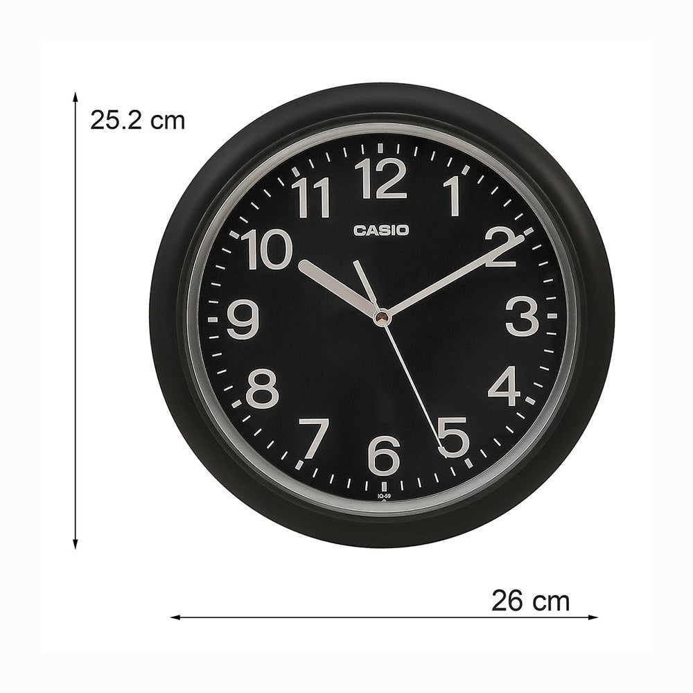 Casio IQ-59-1BDF Analog Wall Clock - Black, Neobrite hour markers and hands. Stylish timekeeping in a choice of white and black, Key Features. Standard Quality Clock Accuracy: ±20 seconds per month Battery Type: R6P Approx. 12 month battery life Package Contents: 1 Analog Wall Clock Item Size: 26 x 26 x 4.2 cm