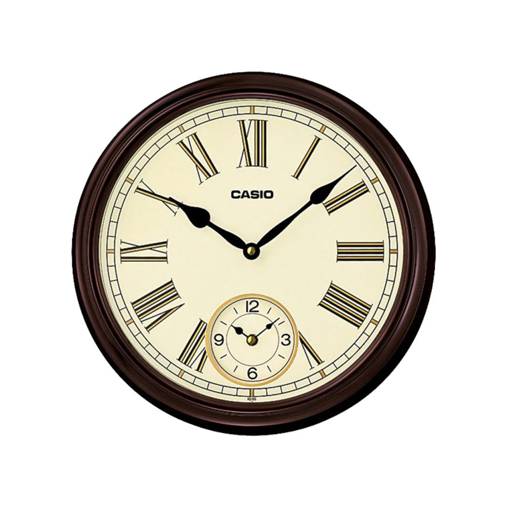 CASIO IQ-65-5DFA - WCL57 Wood tone frame and Roman numeral hour markers create a classical look that suits just about any décor. A Dual Time dial at 6 o’clock provides the current time in another time zone at a glance. Key Features Wood tone frame Roman numeral indices Dual Time Case / bezel material: Resin Accuracy: ±20 seconds per month Approx. battery life: 12 months on R6P (Main dial)×1, R6P (In dial)×1 Size of case : 360×360×75mm Total weight : 1200g