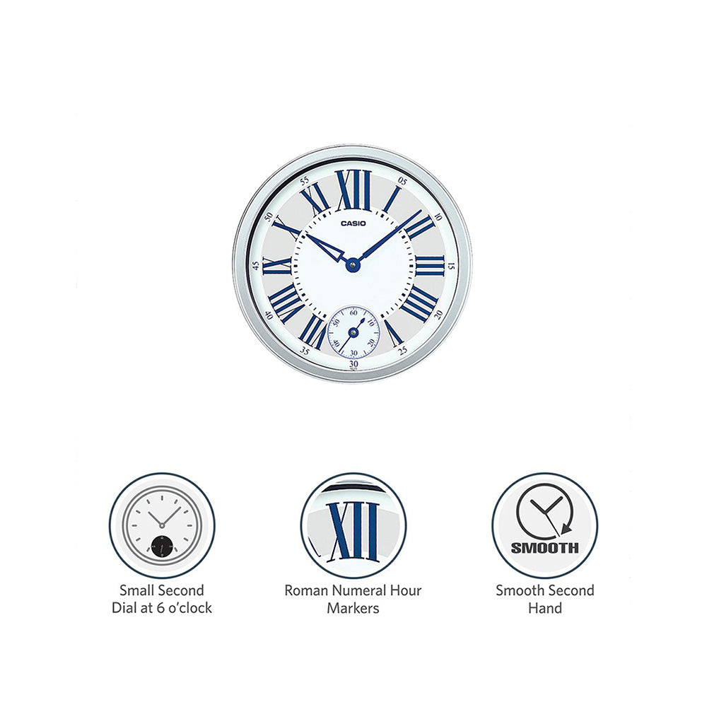 Casio IQ-70-8DF-WCL63 Seamlessly smooth second hand movement, Dual movement, Key Features, Colour : Silver, Shape: Round, Mechanism: Quartz, Case / bezel material: Resin, Smooth second hand Colour : Silver Shape : Round Mechanism : Quartz Case/ bezel Material : Resin  Accuracy: 20 seconds per month Approx. battery life: 12 months on LR6 2 Size of case / Total weight Size of case : 350x350x54mm Total weight : 1200g