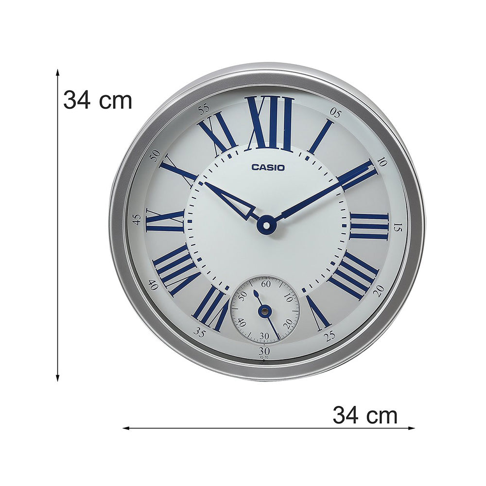 Casio IQ-70-8DF-WCL63 Seamlessly smooth second hand movement, Dual movement, Key Features, Colour : Silver, Shape: Round, Mechanism: Quartz, Case / bezel material: Resin, Smooth second hand Colour : Silver Shape : Round Mechanism : Quartz Case/ bezel Material : Resin  Accuracy: 20 seconds per month Approx. battery life: 12 months on LR6 2 Size of case / Total weight Size of case : 350x350x54mm Total weight : 1200g