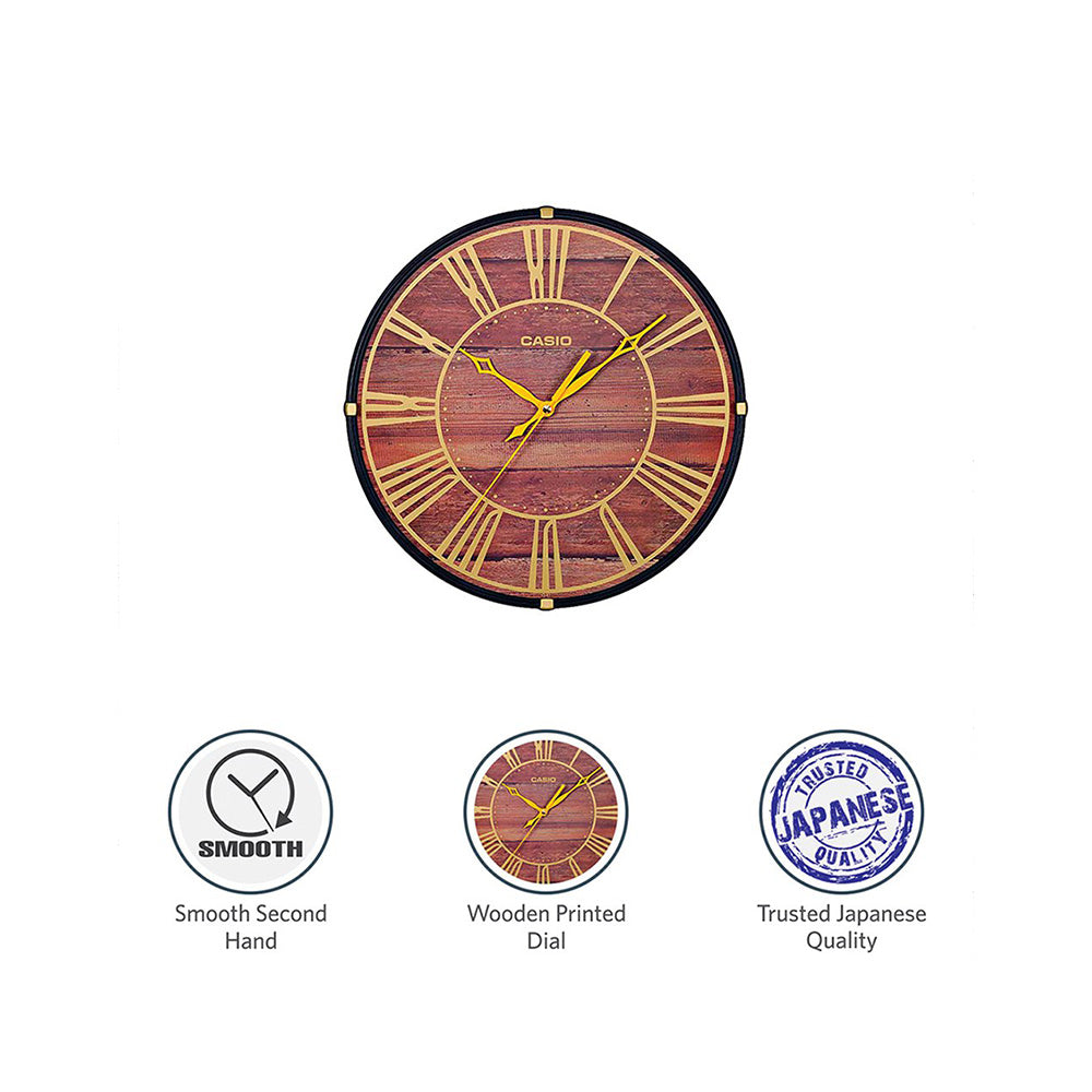 CASIO IQ-81-5ADF - WCL75 Case material: Resin, Wooden printed dial, Seamlessly smooth second hand movement. Key Features, Colour : Brown, Wooden printed dial, Shape: Round, Mechanism: Quartz Wooden printed dial Seamlessly smooth second hand movement Wooden printed dial Seamlessly smooth second hand movement Case / bezel material: Resin Smooth second hand Accuracy: 20 seconds per month Approx. battery life: 12 months on LR6 Size of case / Total weight Size of case : 345x345x45mm Total weight : 870g