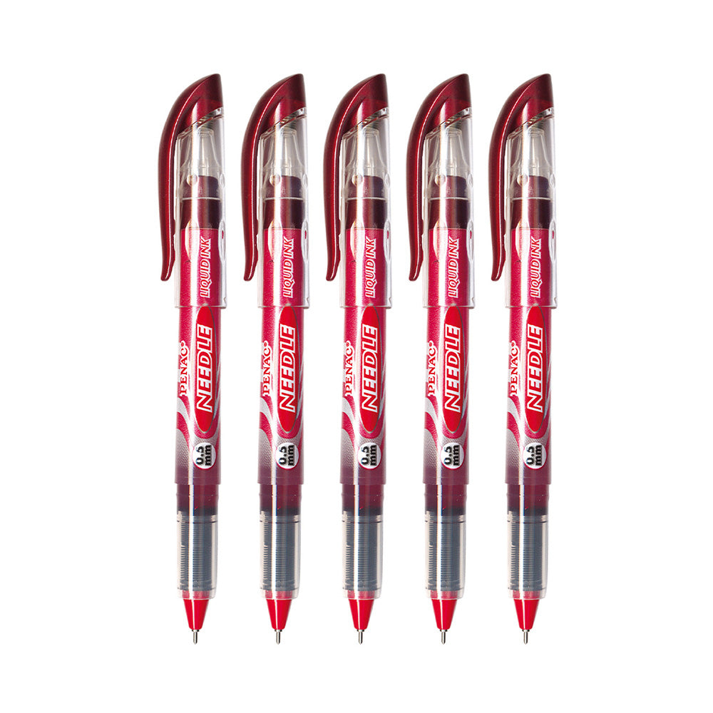 Penac NEEDLE Red 0.5mm Liquid Ink Rollerball Pen (Pack of 5)