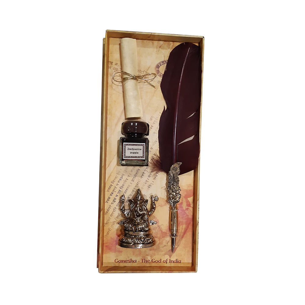 Exclusive to India, the Rubinato Ganesha Quill Pen appeals to those who seek the blessings of the most loved Hindu God. Complete with a Ganesha figurine pen stand, this quill set will be treasured for a lifetime. Brown and gold-toned feather Ganesha fountain pen Brown inkpot Gold-toned Ganesha pen stand A scroll Nib Material: Stainless Steel Product Material: Metal Handle With Care Brand origin: Italy