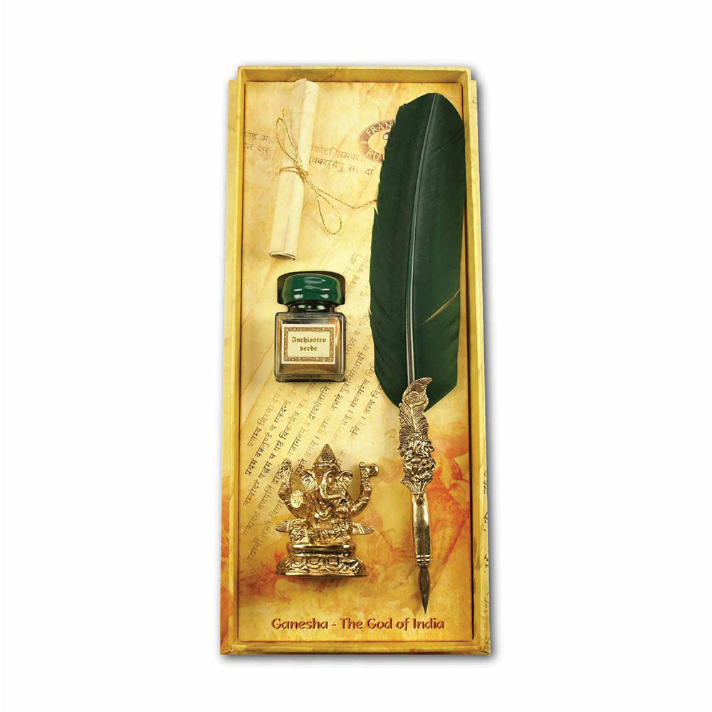 Exclusive to India, the Rubinato Ganesha Quill Pen appeals to those who seek the blessings of the most loved Hindu God. Complete with a Ganesha figurine pen stand, this quill set will be treasured for a lifetime. Green and gold-toned feather Ganesha fountain pen Green inkpot Gold-toned Ganesha pen stand A scroll Nib Material: Stainless Steel Product Material: Metal Handle With Care Brand origin: Italy