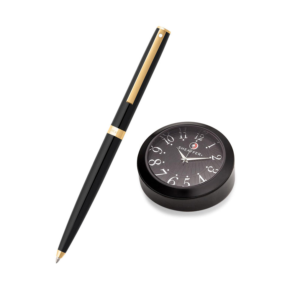Sheaffer Sagaris Giftset 9471 Glossy Black Lacquer Gold-Plated Trim Ball Pen with Black Table Clock