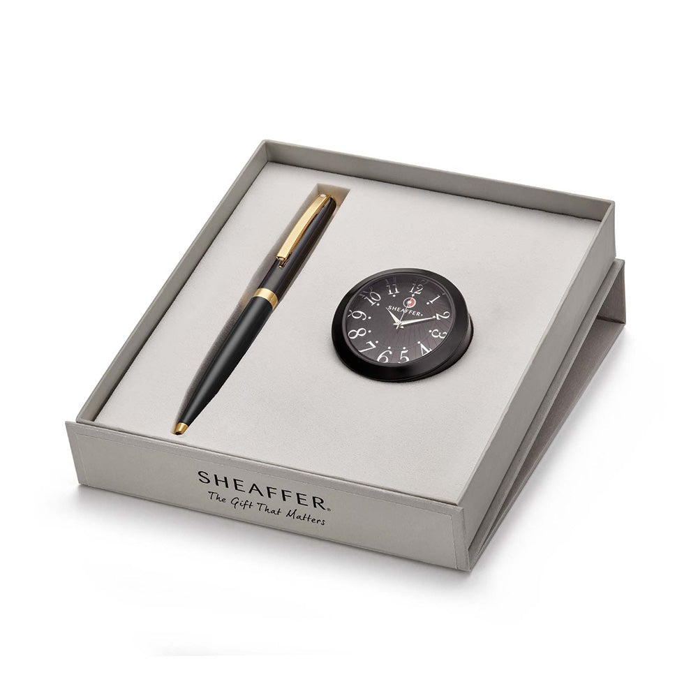 Sheaffer Sagaris Giftset 9471 Glossy Black Lacquer Gold-Plated Trim Ball Pen with Black Table Clock