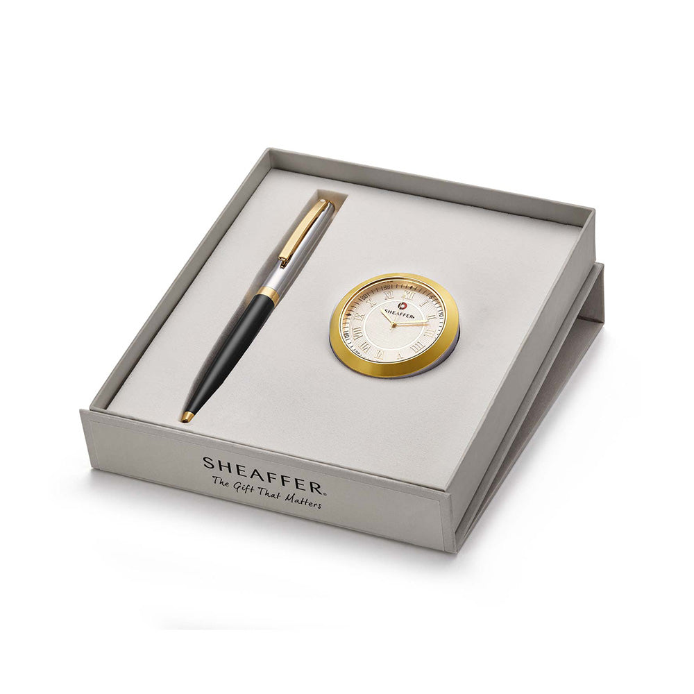 Sheaffer Set 9475 Sagaris Black-Chrome GT Ball Pen with Gold-Chrome Table Clock